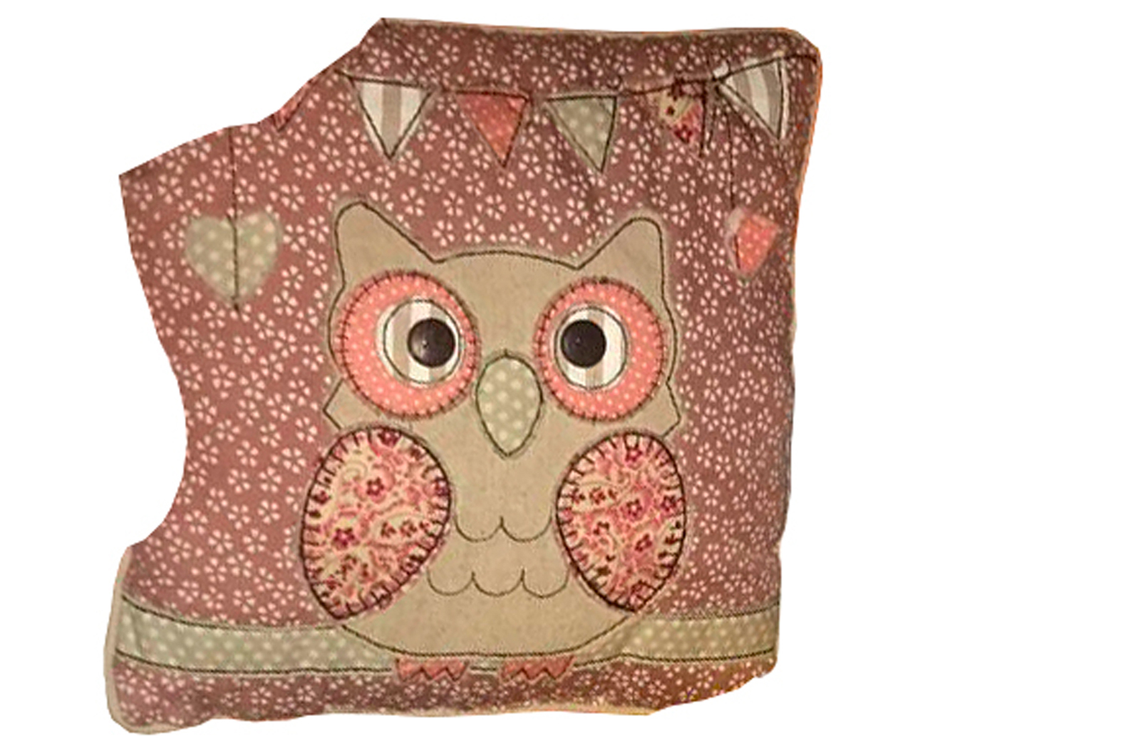 Maroon, pink and grey cushion depicting an owl and floral pattern